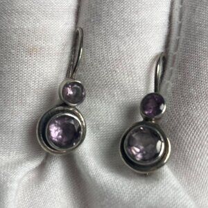 Sterling Silver Amethyst Glass Drop Earrings Stamped 925 Minimalist Purple
